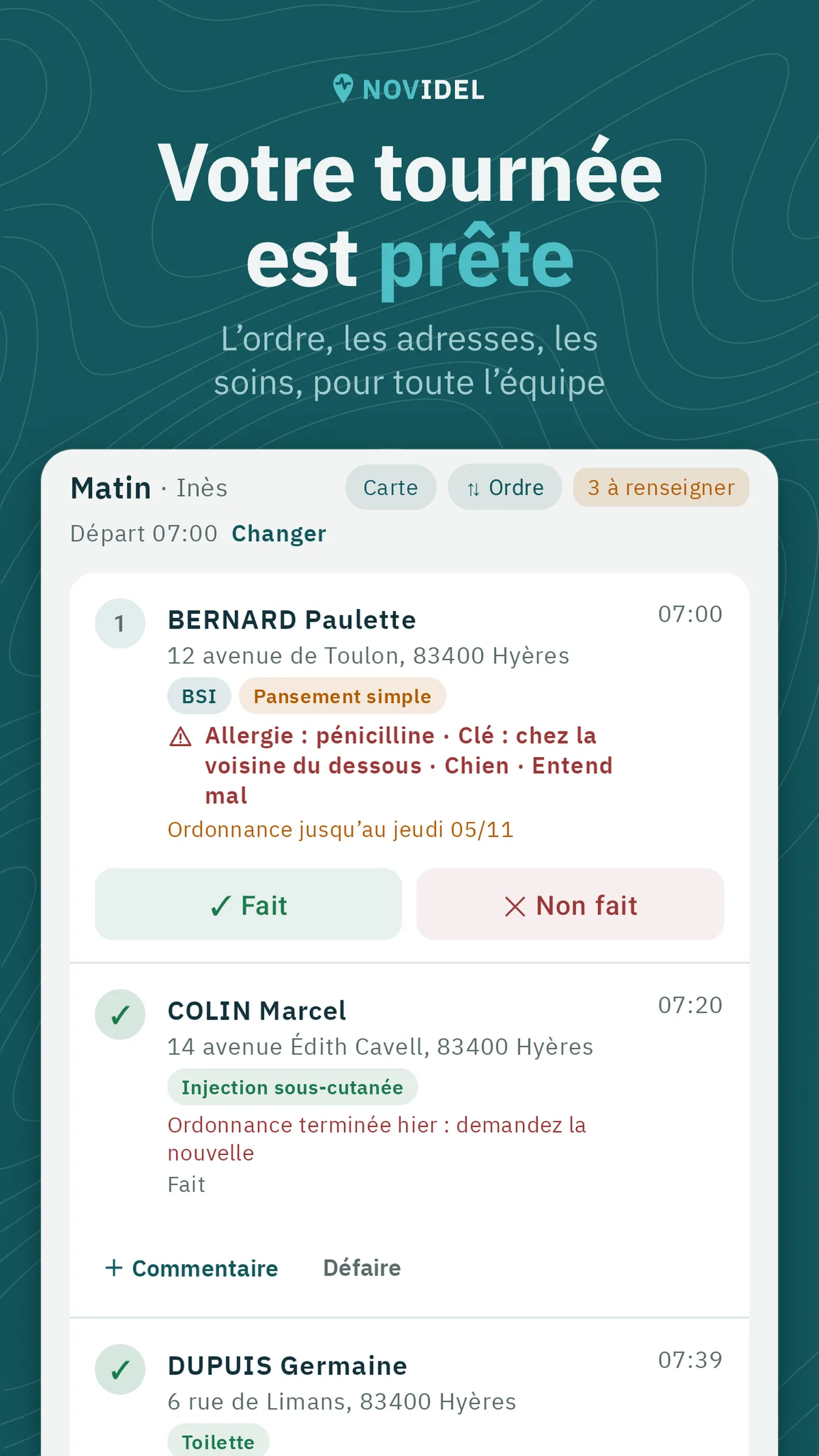 Novidel sur iPhone : la tournée du matin, patients dans l'ordre des passages