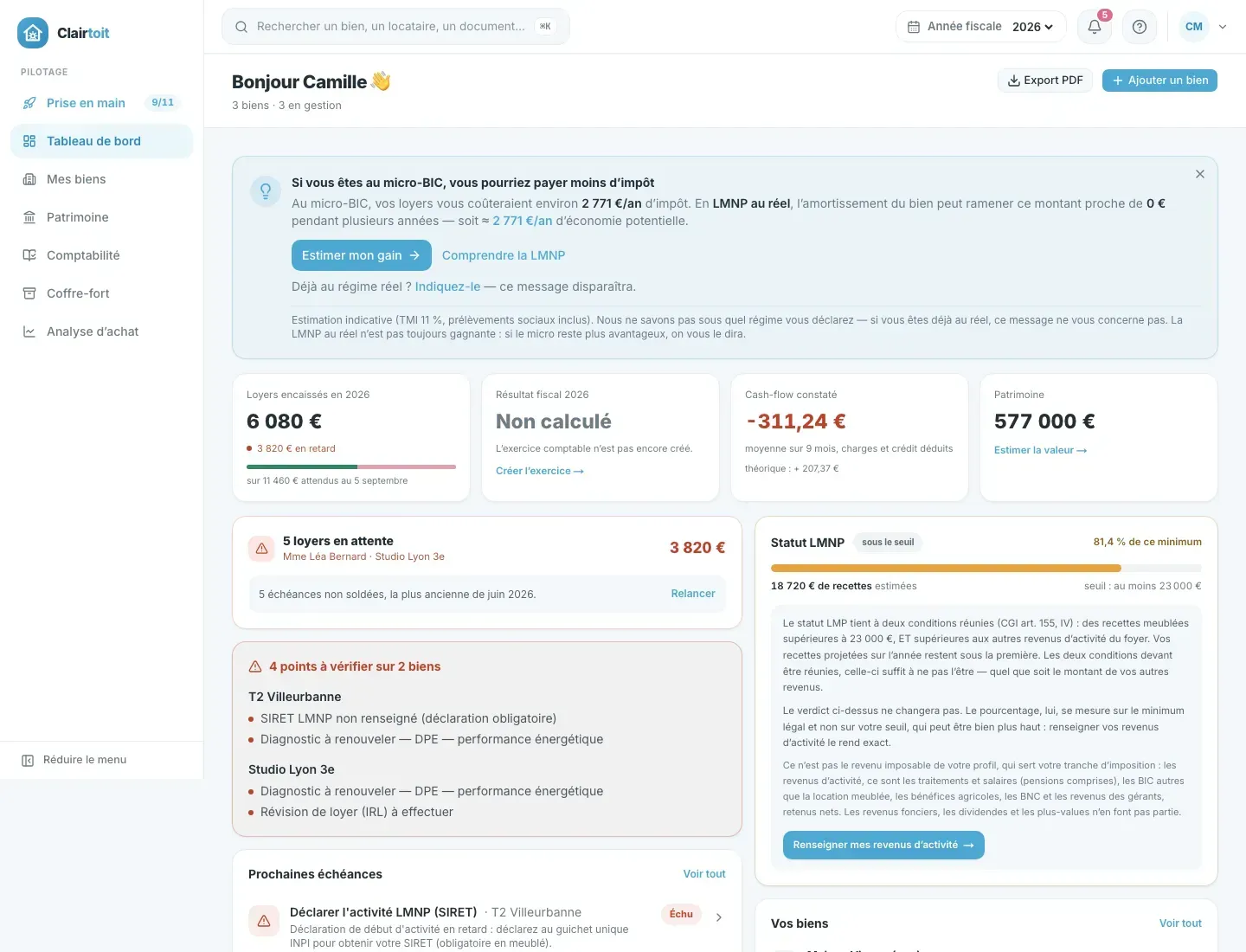 ClairToit : le tableau de bord sur ordinateur